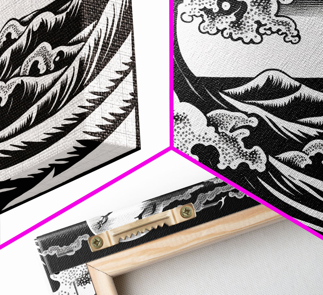 Black and White Wave Canvas Print, Hokusai Inspired Wall Art, Woodblock Print Style, Wall Art, Vintage Style Wall Art