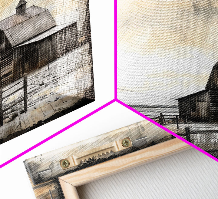 Farmhouse House Decor Large Canvas Print, Old Barn Painting, Black and White Photography Print, Pastoral Hills, Vintage Decor