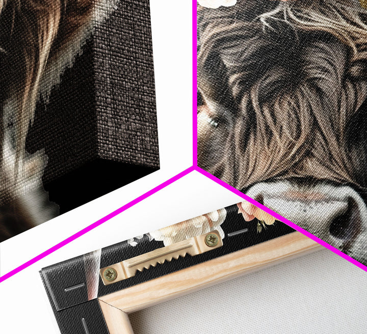 Framed Highland Cow With Flowers Painting canvas print Farmhouse art Cattle Wooden background Country wall art Cow print Rustic Wall Art