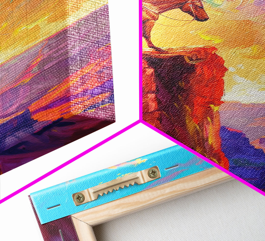 Cowboy on Horse at Sunrise - Colorful Western Landscape Painting, Sunrise Wall Art, Living Room Decor, Cowboy Canvas Print