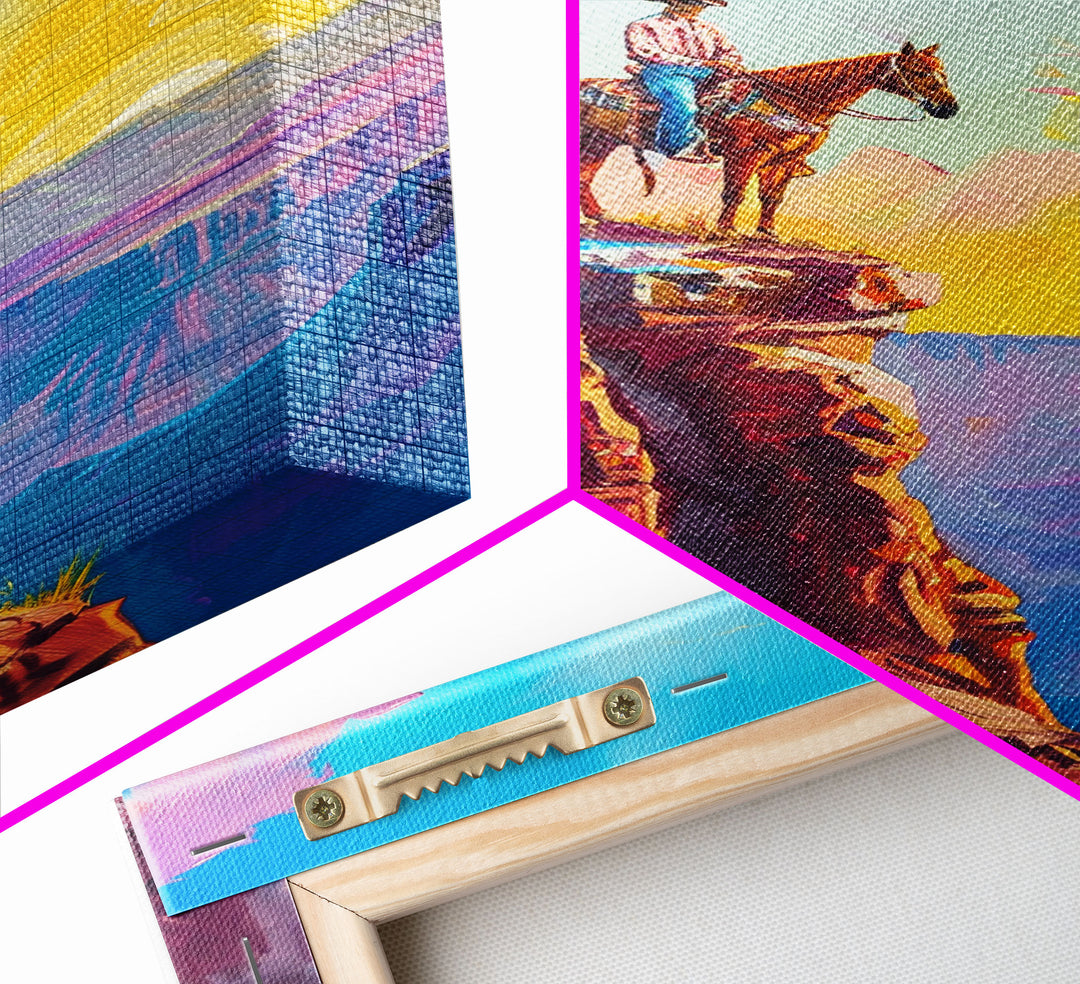 Cowboy on Cliff Edge at Sunrise - Colorful Western Landscape Painting, Framed Canvas Print, Sunrise Wall Art, Living Room Decor