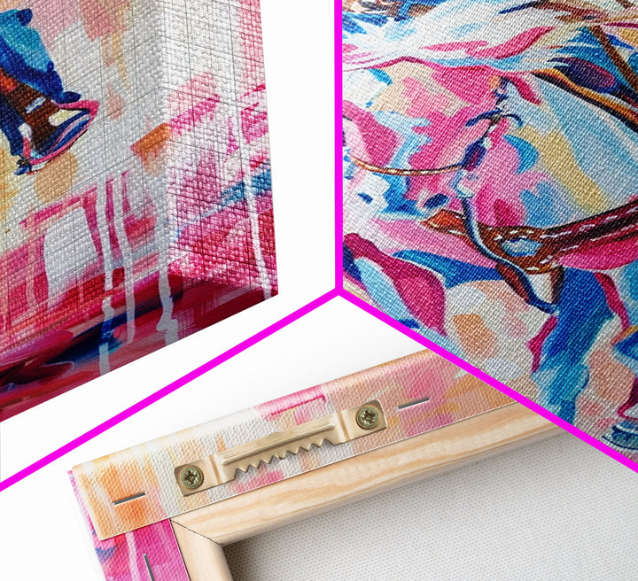 Cowboy Riding in Pink - Colorful Western Art, Framed Canvas Print, Living Room Decor, Cowboy Painting, Vibrant Wall Art