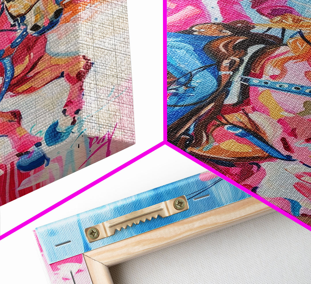 Dynamic Cowgirl and Horse - Colorful Western Art, Framed Canvas Print, Living Room Decor, Cowgirl Painting, Vibrant Wall Art