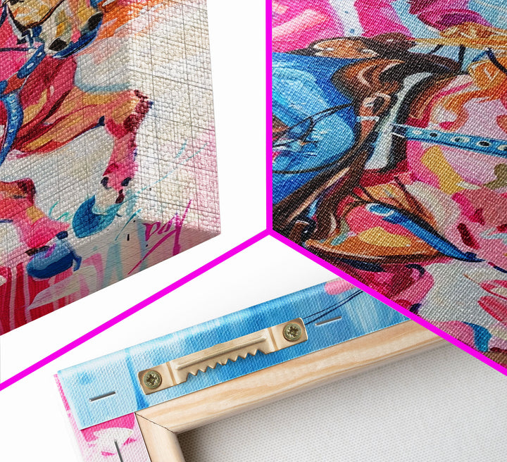 Dynamic Cowgirl and Horse - Colorful Western Art, Framed Canvas Print, Living Room Decor, Cowgirl Painting, Vibrant Wall Art