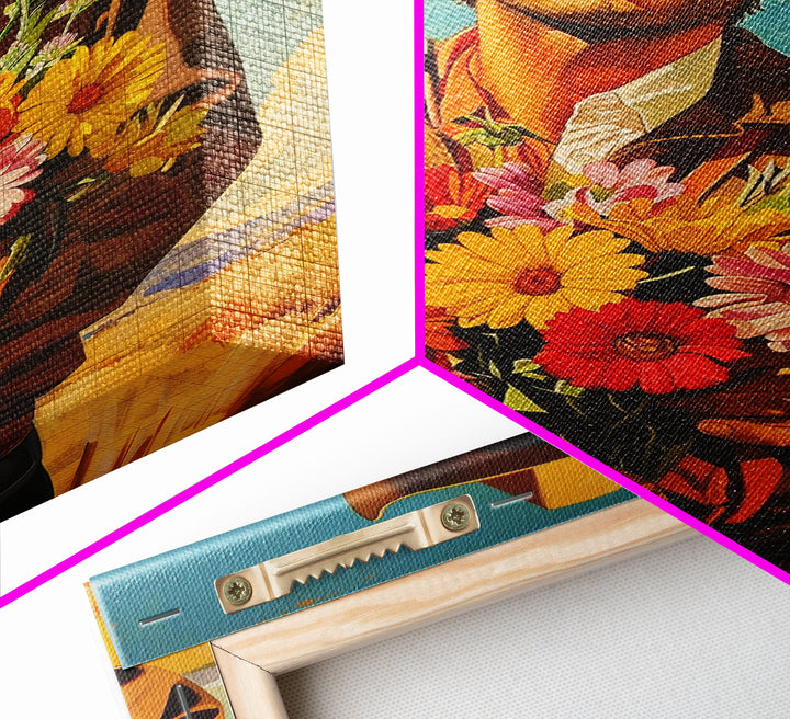 Vintage Cowboy Holding Flowers - Framed Canvas Print, Southwestern Living Room Art, Rustic Bedroom Decor, Retro Art, Wall Art