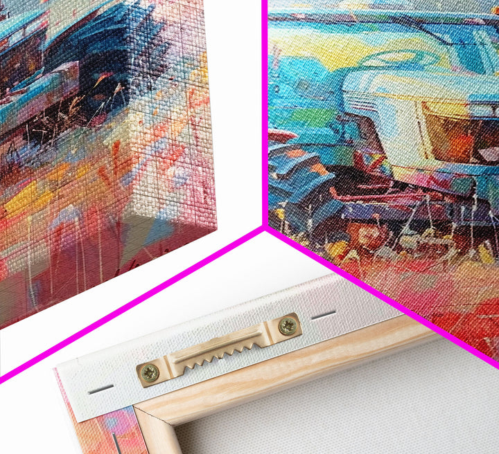 Farm Tractor in Vibrant Meadow - Framed Canvas Print, Countryside Living Room Art, Pastel Bedroom Decor, Rural Art, Wall Art