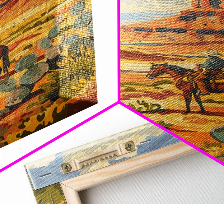 Desert Cowboy Riding Through Cactus - Framed Canvas Print, Western Landscape Art, Southwestern Wall Art for Home Decoration