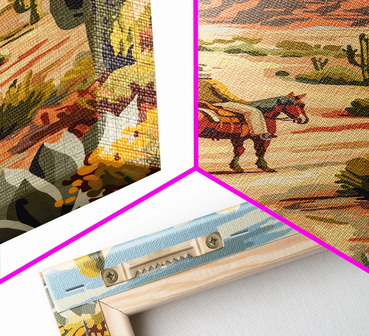 Cowboy Riding in Desert Landscape with Cacti - Framed Canvas Print, Western Art, Southwestern Decor, Desert Scene Wall Art for Home