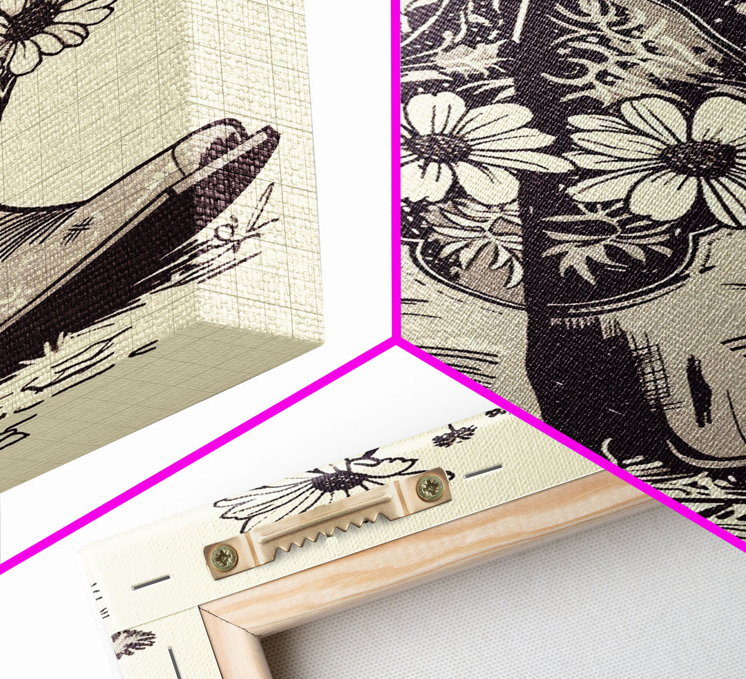 Cowboy Boots with Flowers Art Print, Western Silhouette Framed Canvas, Vintage Floral Boots Art, Unique Home Decor