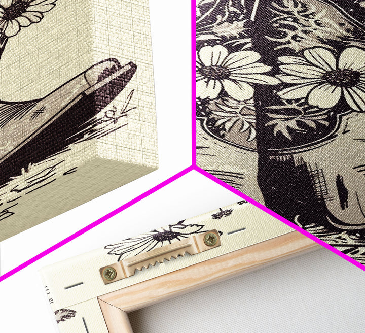 Cowboy Boots with Flowers Art Print, Western Silhouette Framed Canvas, Vintage Floral Boots Art, Unique Home Decor