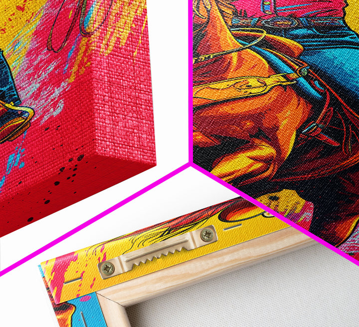 Bold Pop Art Cowgirl Riding Horse with Bright Colors - Framed Canvas Print, Equestrian Decor, Cowgirl Art for Bedroom, Living Room Wall Art