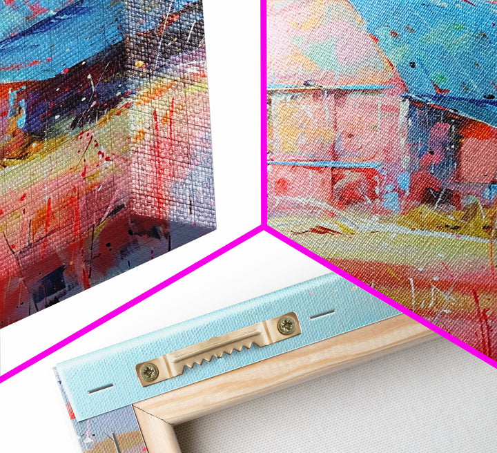 Charming Barn with Blue Roof in Pastel Colors - Framed Canvas Print, Rustic Farmhouse Decor, Country Art for Home, Living Room Wall Art