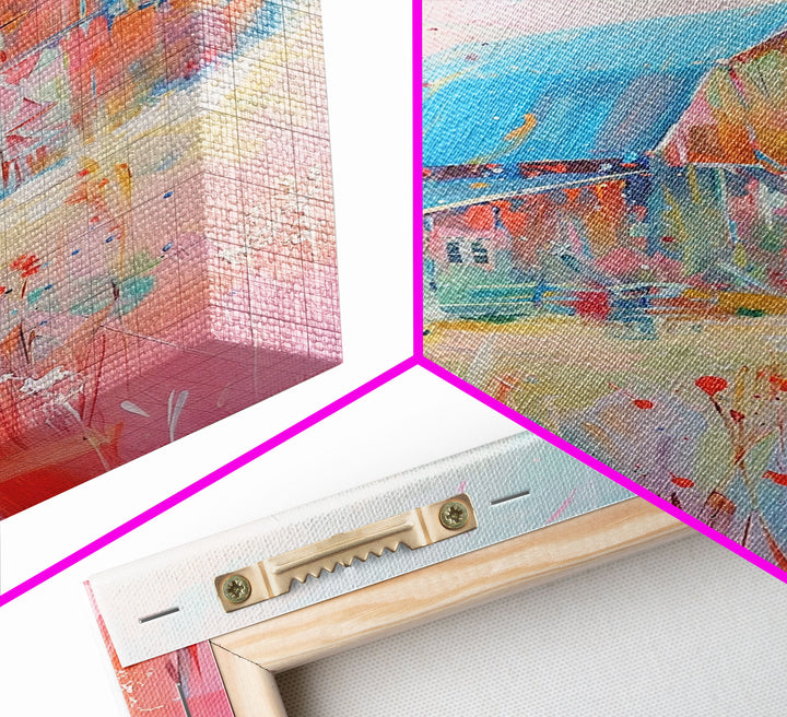 Idyllic Pastel Barn Scene in Vibrant Colors - Framed Canvas Print, Farmhouse Decor, Countryside Art for Bedroom, Rustic Wall Art Living Room