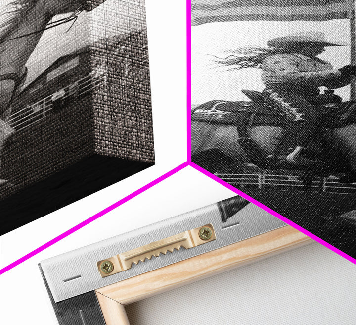 Cowgirl with American Flag Art Print, Western Rodeo Framed Canvas, Vintage Black and White Photography, Unique Home Decor