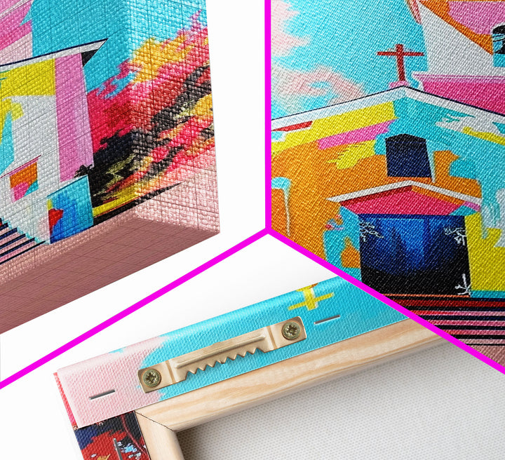 Vibrant Church Art in Pastel Hues - Framed Canvas Print, Colorful Religious Decor, Contemporary Church Wall Art for Living Room or Bedroom