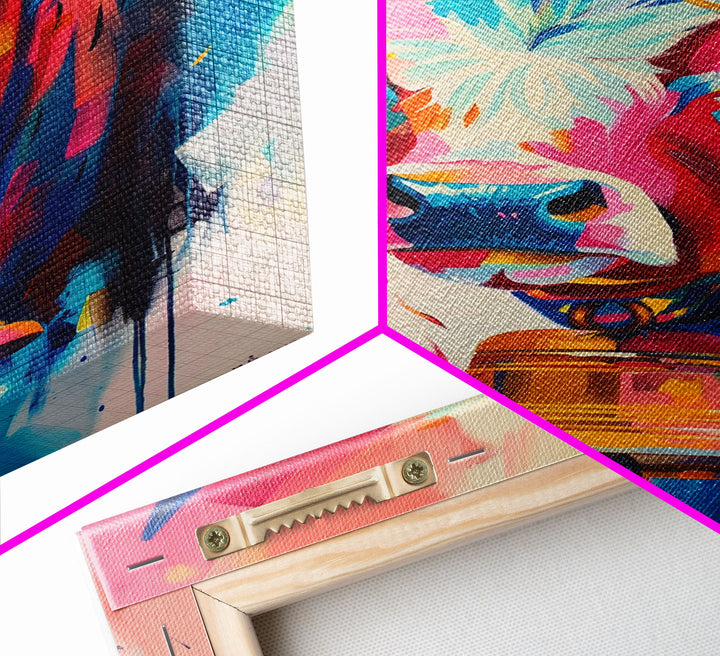 Expressive Cow Art in Bold Hues - Framed Canvas Print, Colorful Animal Decor, Modern Farmhouse Wall Art for Living Room or Bedroom