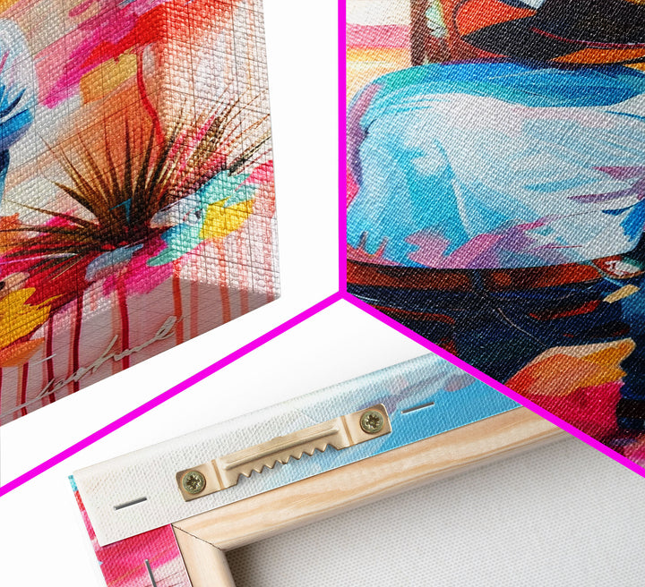 Cowboy Praying by the Cross in Vibrant Colors - Framed Canvas Print, Colorful Western Decor, Modern Cowboy Wall Art for Living Room Bedroom