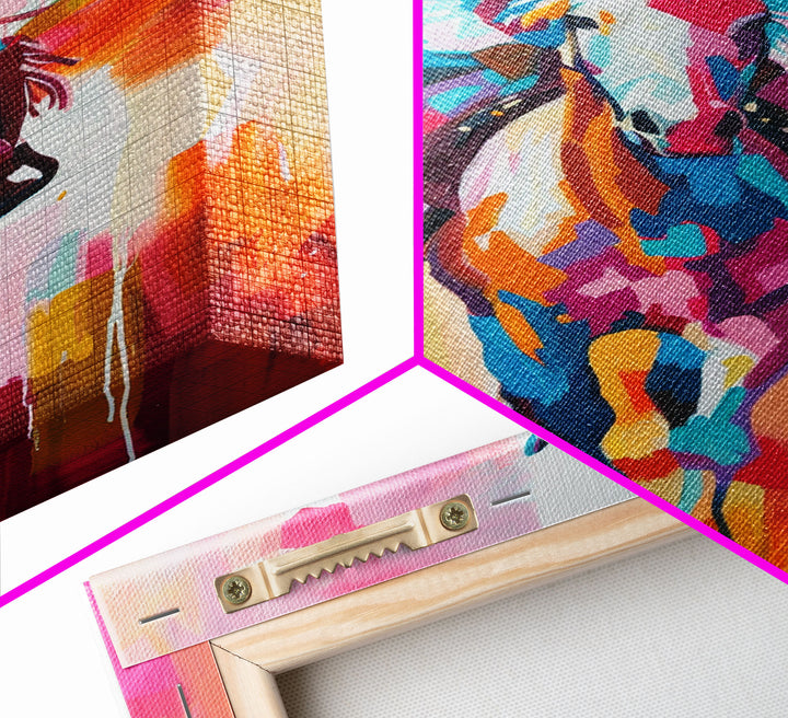 Colorful Cowboy on Horseback Art - Framed Canvas Print, Western Decor, Dynamic Living Room Wall Art, Horse Rider Artwork