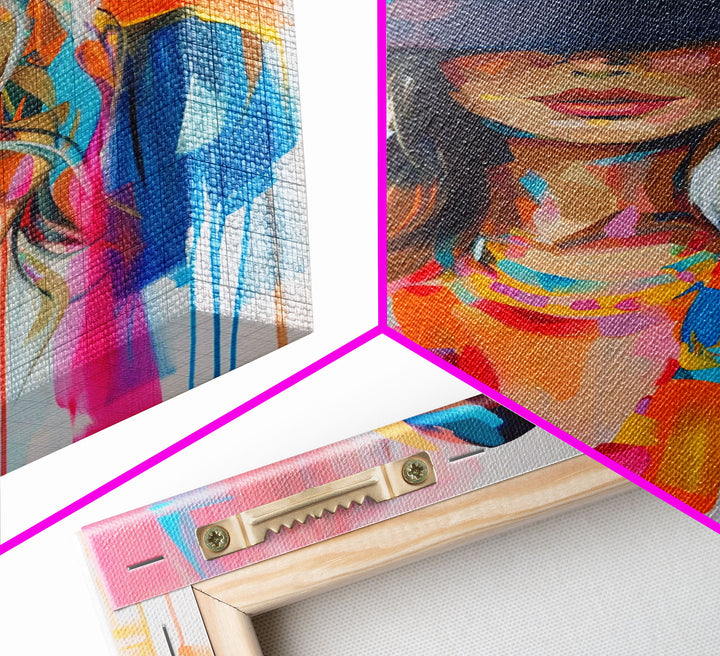 Modern Cowgirl in Hat Art - Framed Canvas Print, Stylish Bedroom Wall Art, Vibrant Living Room Decor, Contemporary Cowgirl Portrait