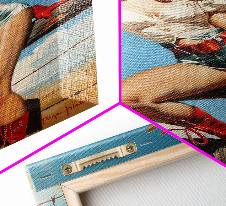 Retro Cowgirl Pin-Up Art Print, Framed Canvas Western Decor, Vintage Pin-Up Girl in Red Boots, Classic Western Artwork for Home