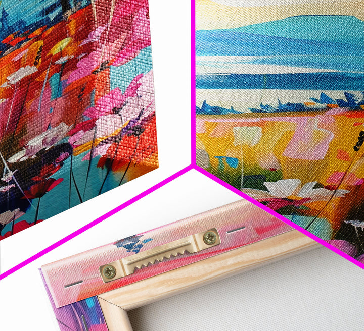 Serene Landscape with Wildflowers Framed Canvas Print - Pastel Sunset Wall Art, Tranquil Living Room Decor, Nature-Inspired Bedroom Art