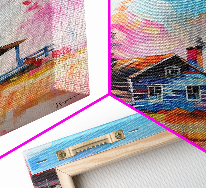 Cozy Cabin in Colorful Forest Framed Canvas Print - Charming Cottage Wall Art, Cozy Living Room Decor, Warm Bedroom Art, Rustic Home Decor