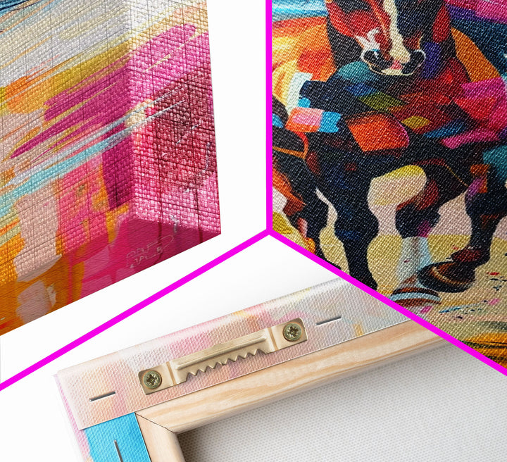 Horse on Beach in Bold Colors Framed Canvas Print - Beach Horse Wall Art, Colorful Living Room Decor, Bedroom Art, Coastal Equestrian Art