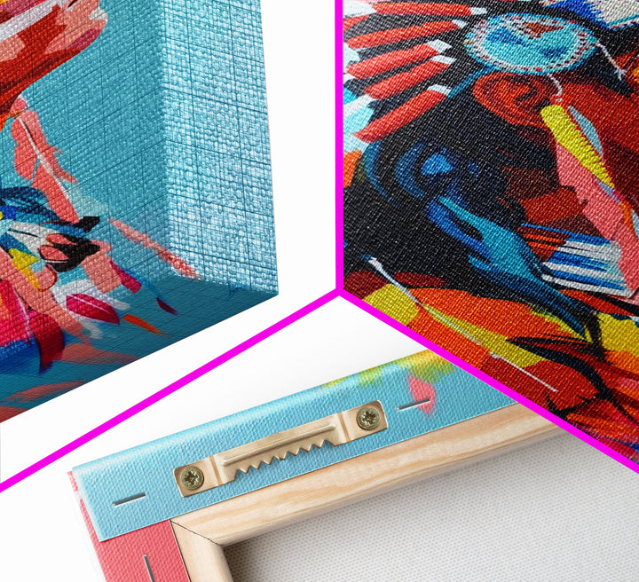 Colorful Native American Portrait - Framed Canvas Print, Vibrant Wall Art, Modern Living Room Decor, Bold Cultural Artwork, Native Art Print