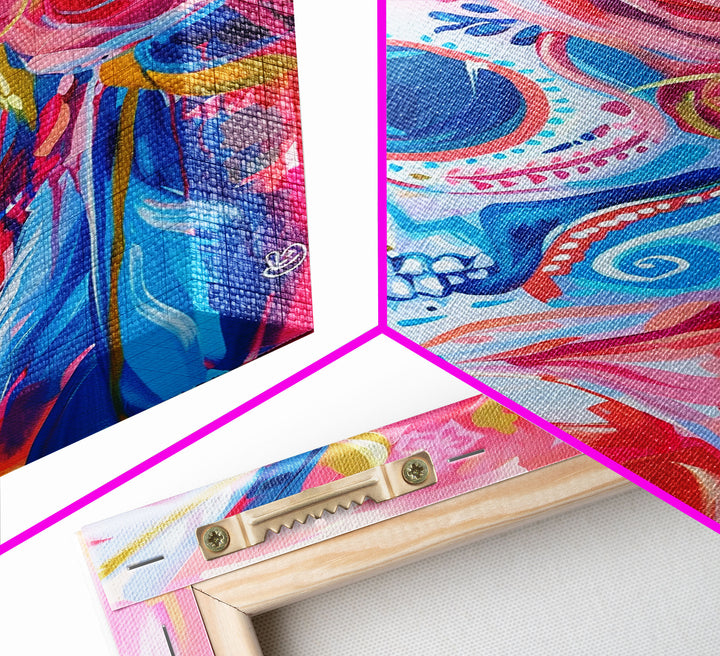 Floral Sugar Skull Framed Canvas Print - Day of the Dead Art, Colorful Wall Art, Living Room Decor, Mexican Folk Art for Bedroom