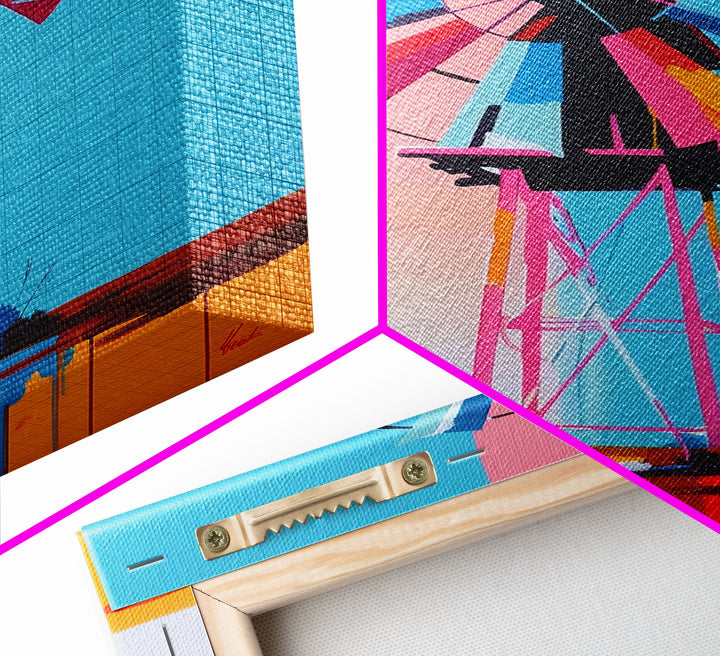 Bright Windmill Abstract Art - Framed Canvas Print, Whimsical Windmill Decor, Colorful Farmhouse Wall Art, Unique Living Room Decor