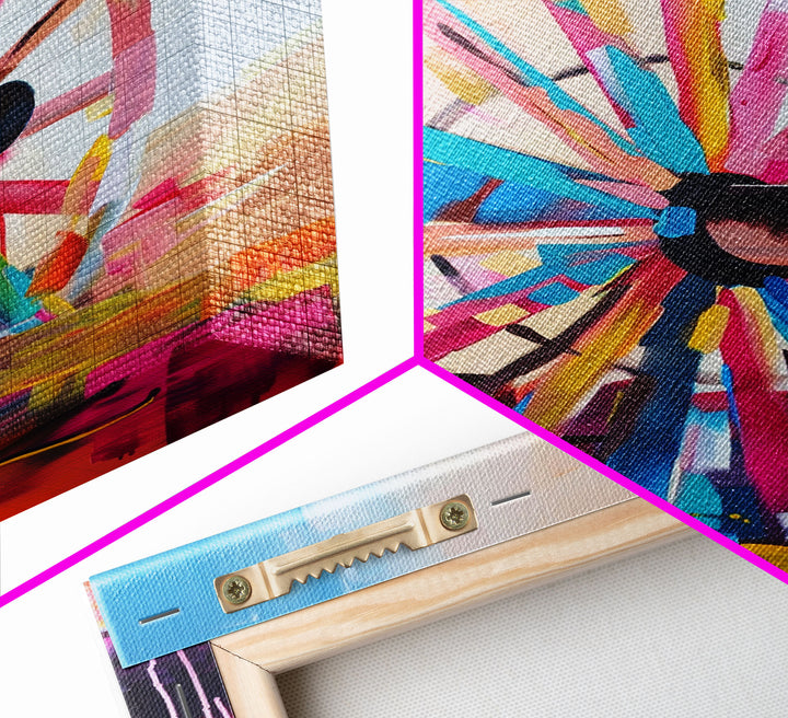 Vintage Wagon Wheel Canvas Art - Framed Canvas Print, Rustic Farmhouse Decor, Colorful Wheel Wall Art, Retro Bedroom Decoration