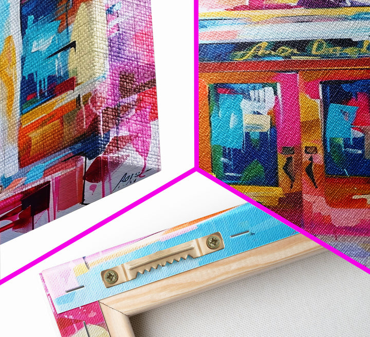 Colorful Abstract Storefront - Framed Canvas Print, Urban Landscape Art, City Vibes Decor for Home or Office