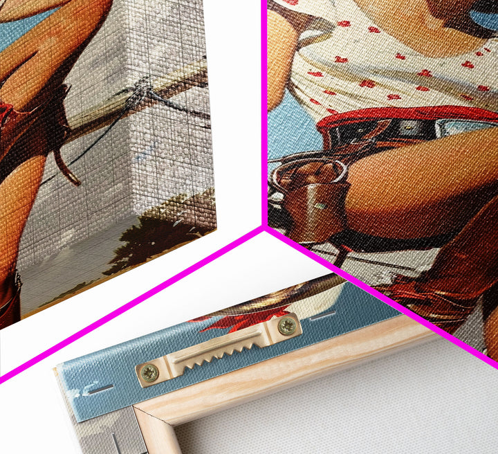 Classic Cowgirl Pin-Up Art Print, Vintage Western Framed Canvas, Retro Pin-Up Girl in Cowboy Hat and Boots, Unique Home Decor