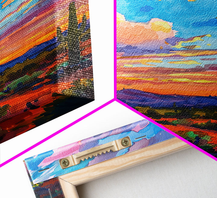 Framed Canvas Print, Colorful Desert Sunset with Cacti, Stunning Wall Art for Living Room or Bedroom Decoration