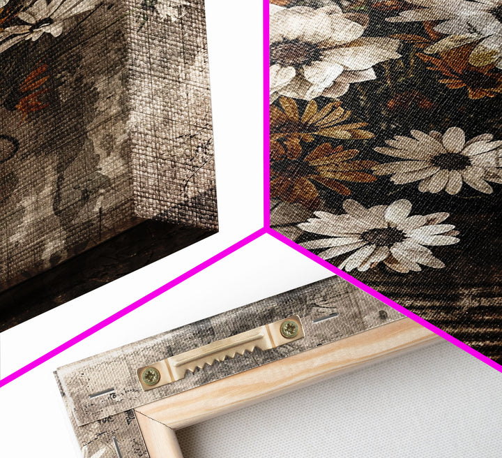 Rustic metal vase with daisies against a distressed background Framed Canvas Print - floral art, farmhouse decor, rustic wall art