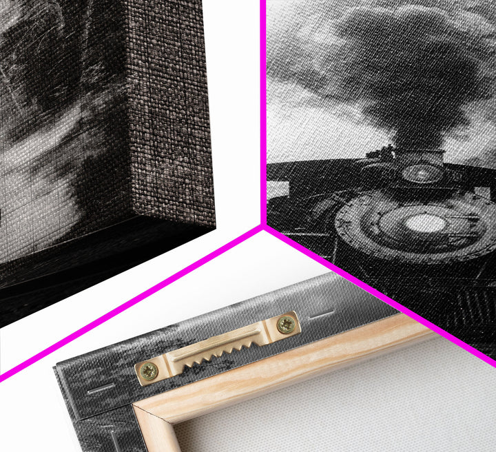 Steam Locomotive in the Forest Black and White Photography - Framed Canvas Print, Railroad Art, Vintage Train Wall Art for Home