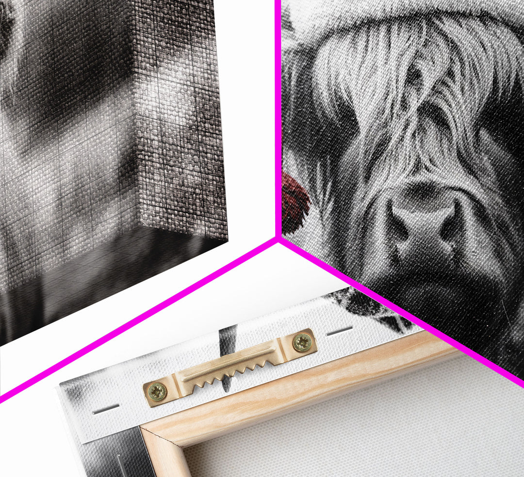 Highland Cow Wearing Santa Hat, Festive and Fun Framed Canvas Print for Holiday Wall Art, Living Room or Bedroom Decor