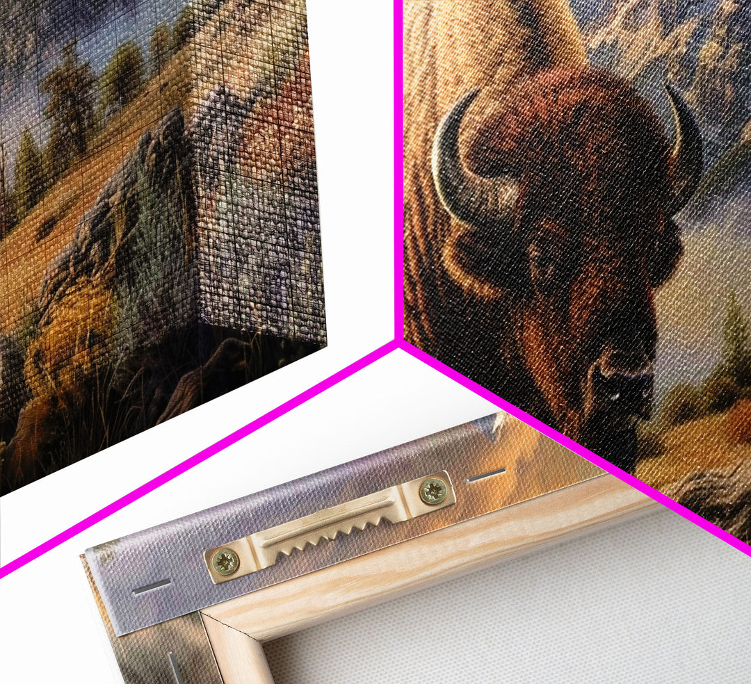 Powerful Bison in Mountain Valley, Framed Canvas Print, Ideal for Living Room Art, Nature Inspired Wall Art, Bedroom Decoration