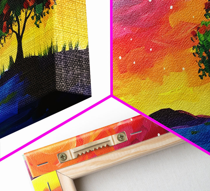 Vibrant Tree Under Starry Sky, Framed Canvas Print, Perfect for Living Room Art, Modern Home Decor, Colorful Bedroom Wall Art