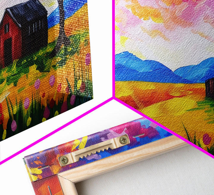 Bright Barn in Floral Field, Framed Canvas Print, Perfect for Living Room Art, Vibrant Home Decor, Colorful Bedroom Wall Art