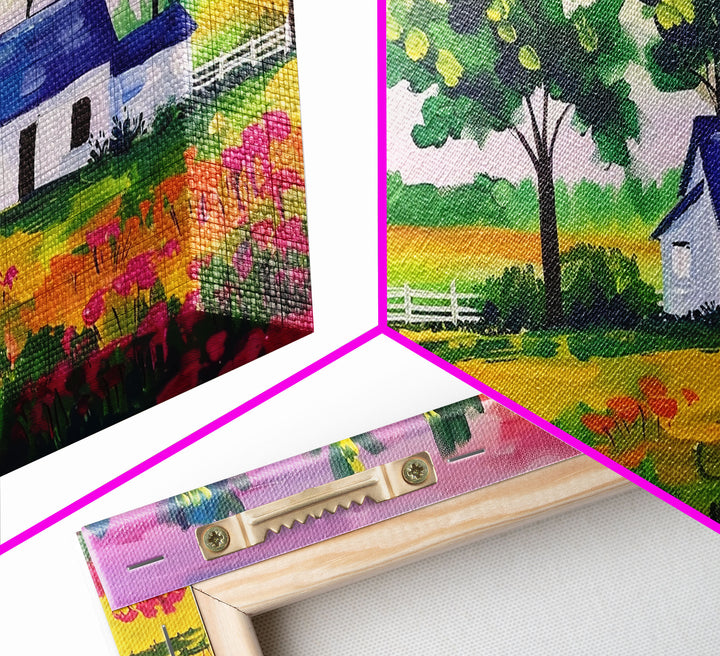 Vibrant Farmhouse Scene with Trees and Flowers, Perfect Living Room Art, Framed Canvas Print, Rustic Home Decoration, Minimalist Decor