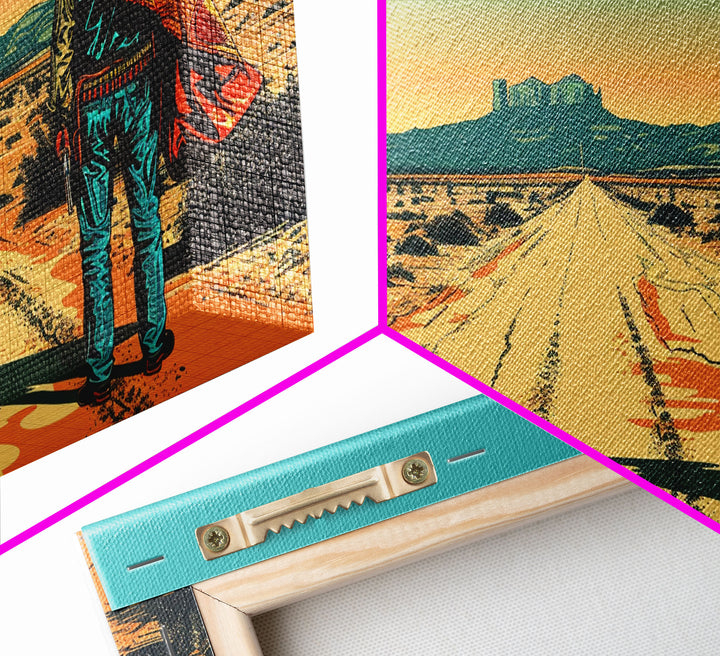 Western Cowboy in Desert Landscape, Rustic Wall Art, Framed Canvas Print, Boho Bedroom Decor, Vintage Home Decoration