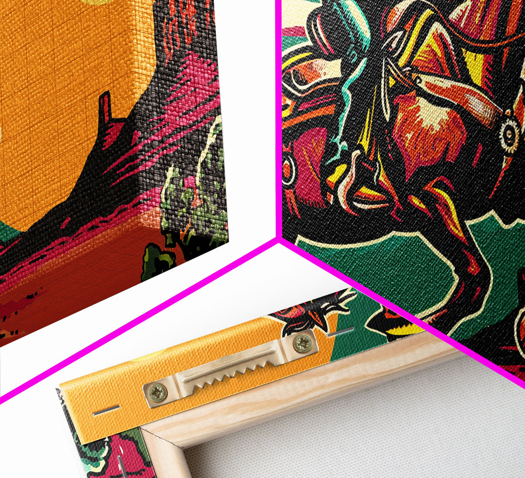 Vintage Cowboy Riding Horse, Western Sunset Wall Art, Framed Canvas Print, Rustic Decor, Cowboy Art, Country Living Room