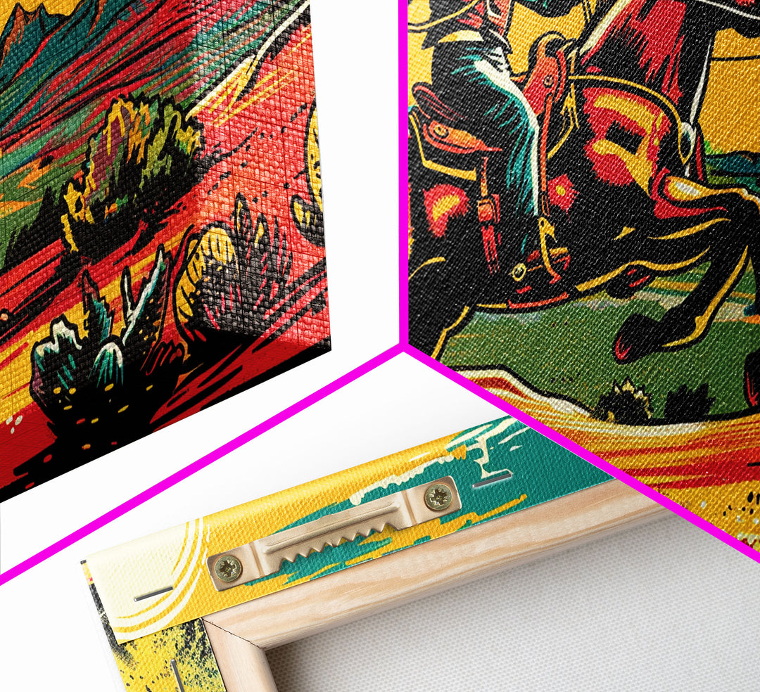 Cowboy Galloping in Desert, Vibrant Sunset Western Art, Framed Canvas Print, Farmhouse Decor, Colorful Wall Art, Cowboy Theme