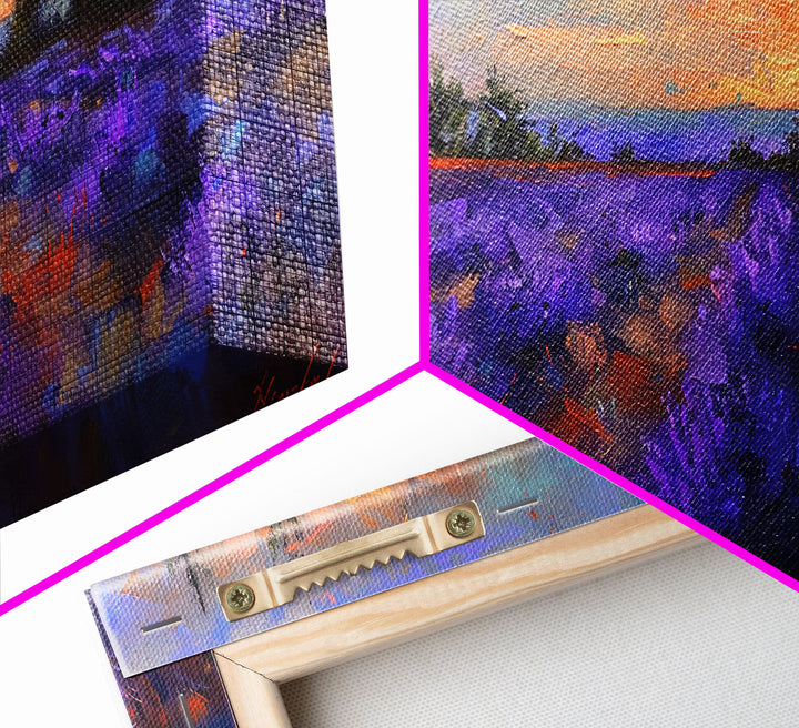 Sunset Over Lavender Field, Romantic Landscape Art, Framed Canvas Print, Cottagecore Decor, Purple Wall Art, Farmhouse Style