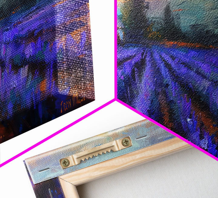 Lavender Field with Cottage, Warm Sunset Colors, Framed Canvas Print, Rustic Decor, Country Wall Art, Farmhouse Vibes