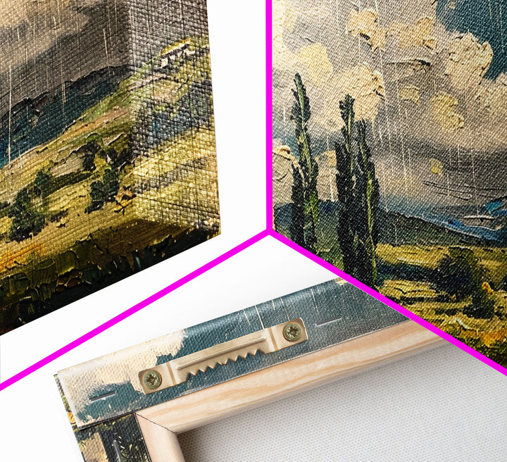 Rainy Day Over Cottage, Textured Landscape Art, Framed Canvas Print, Boho Decor, Farmhouse Style, Moody Wall Art