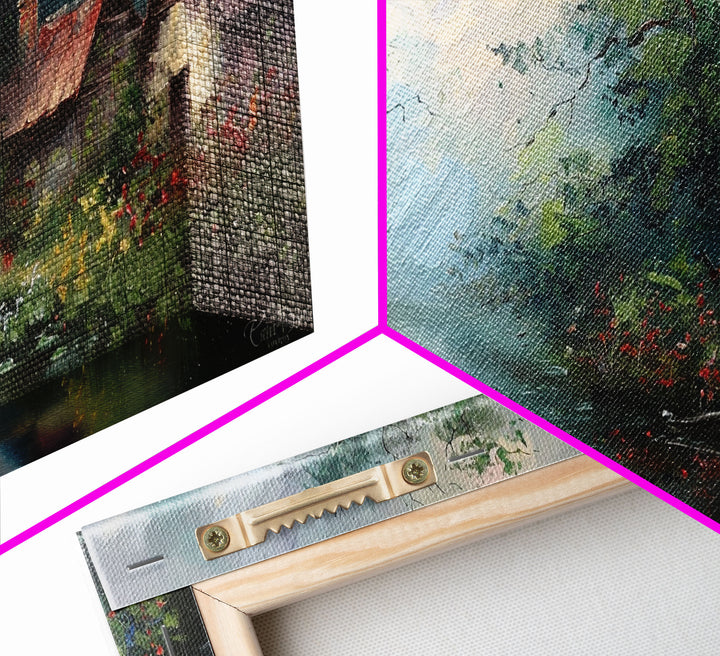 Serene River Cottage with Flowers, Framed Canvas Print, Farmhouse Style, Living Room Decor, Bedroom Art, Nature Scene