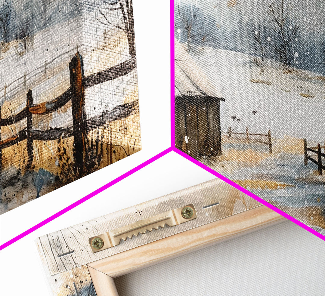 Snowy Barn in Winter Field, Framed Canvas Print, Rustic Wall Art, Living Room Decor, Farmhouse Style, Winter Landscape