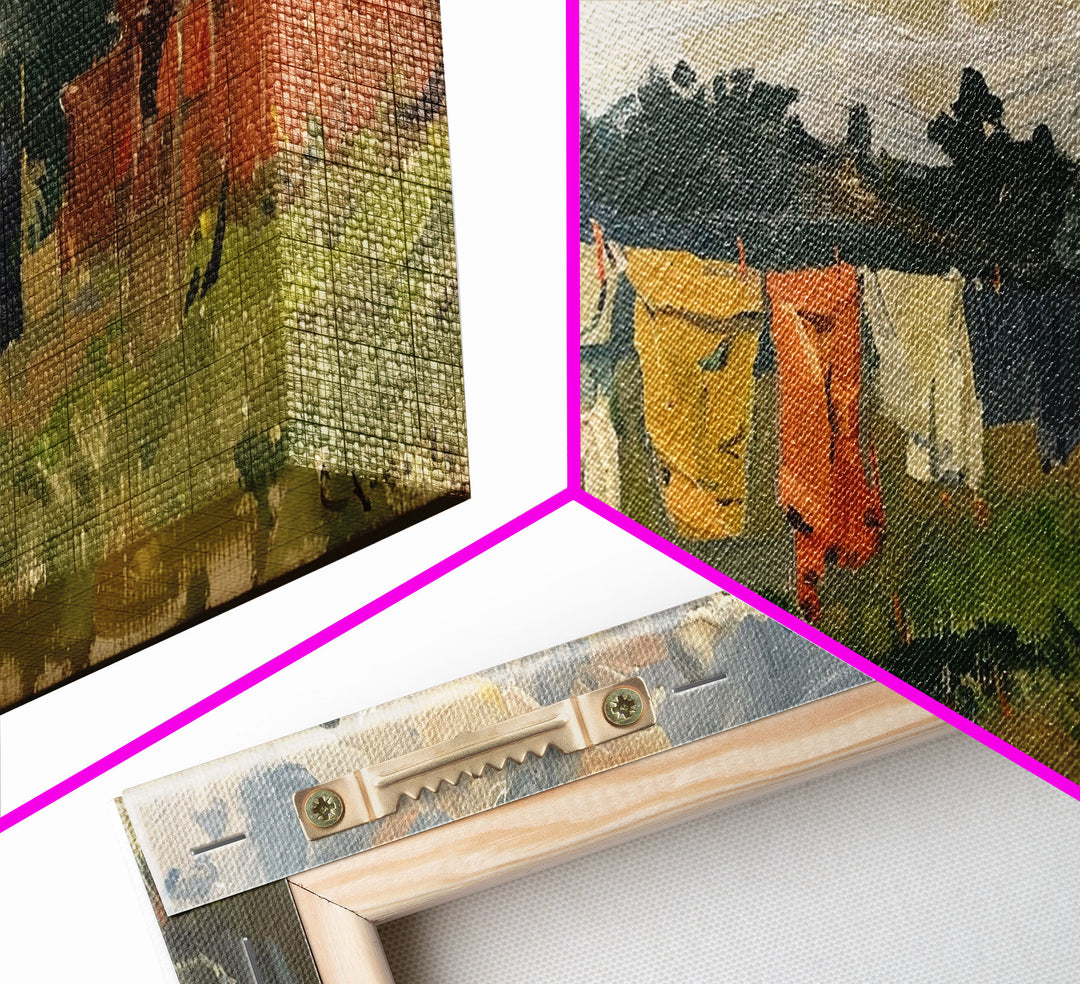 Sunny Day on the Farm with Clothesline, Framed Canvas Print, Rustic Wall Art, Living Room Decor, Farmhouse Style, Country Scene